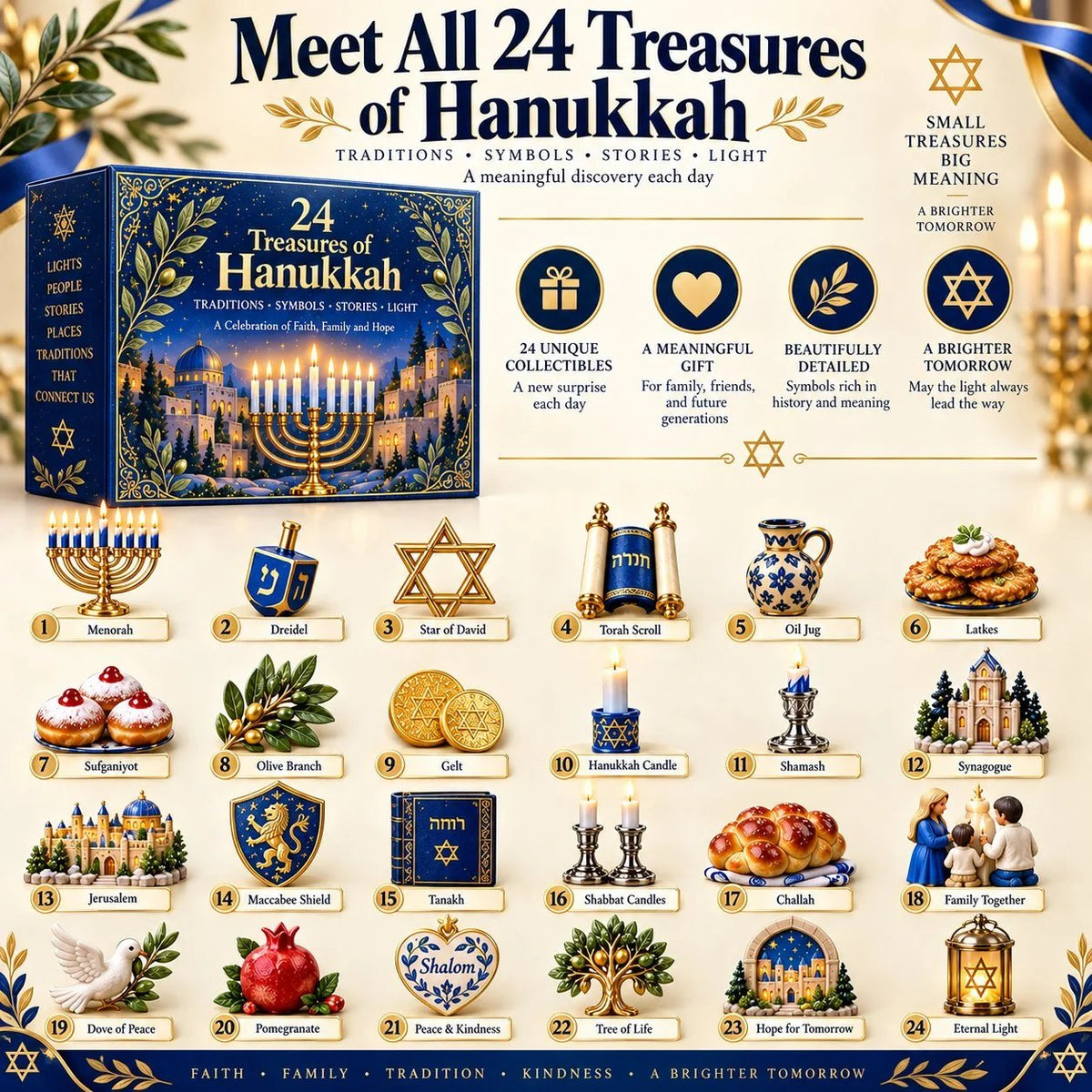 🕎24 Treasures of Hanukkah – Traditions, Symbols & Light Countdown Calendar