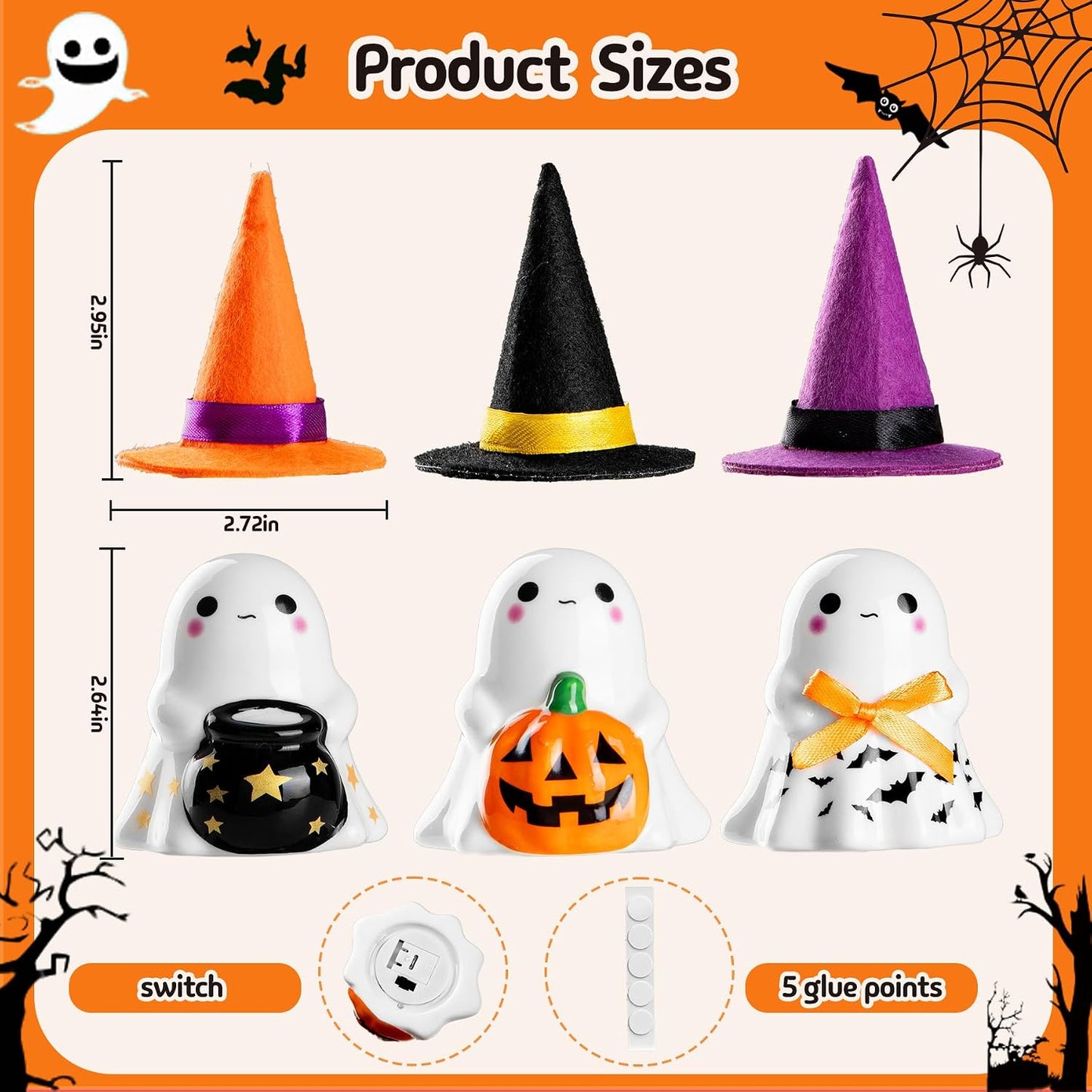 👻🌟3Pcs Light-up Ceramic Ghost Halloween Decor | Cute Ghost Figurines with Colorful Witch Hats
