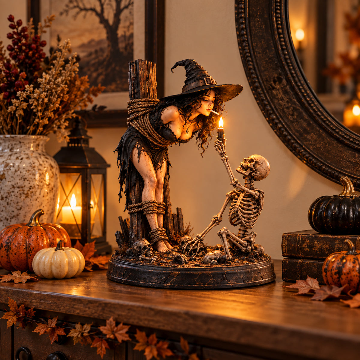 ✨💀Witch & Skeleton Candle Scene Figurine – Dark Gothic Halloween Tabletop Decor
