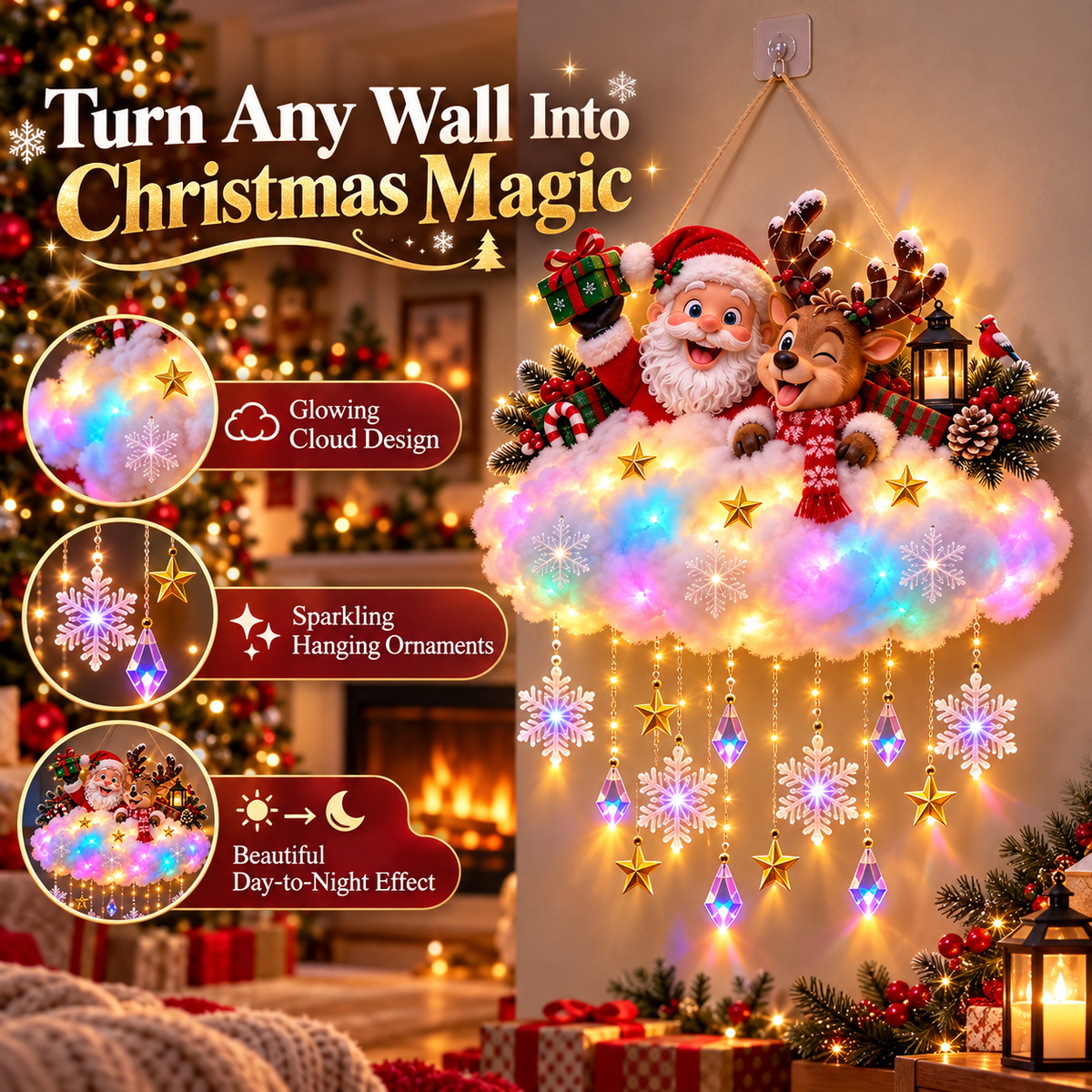 🎄 Light-Up Christmas Cloud Hanging Decor – Santa & Winter Village Holiday Display