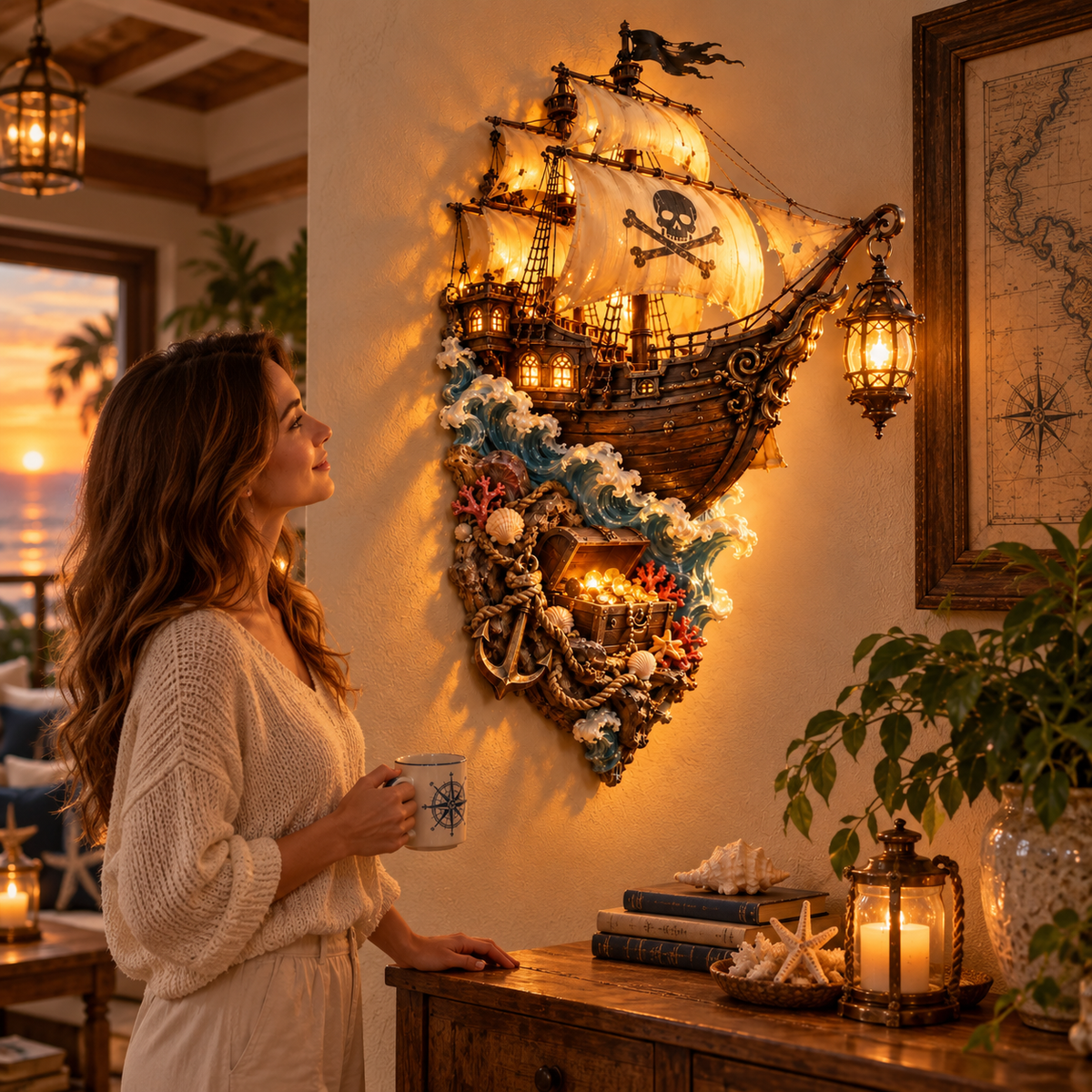 🏴☠️⛵🔥 Illuminated Pirate Ship Wall Lantern | Glowing Ghost Ship & Treasure Chest Sculpture, Nautical Fantasy Coastal Wall Décor