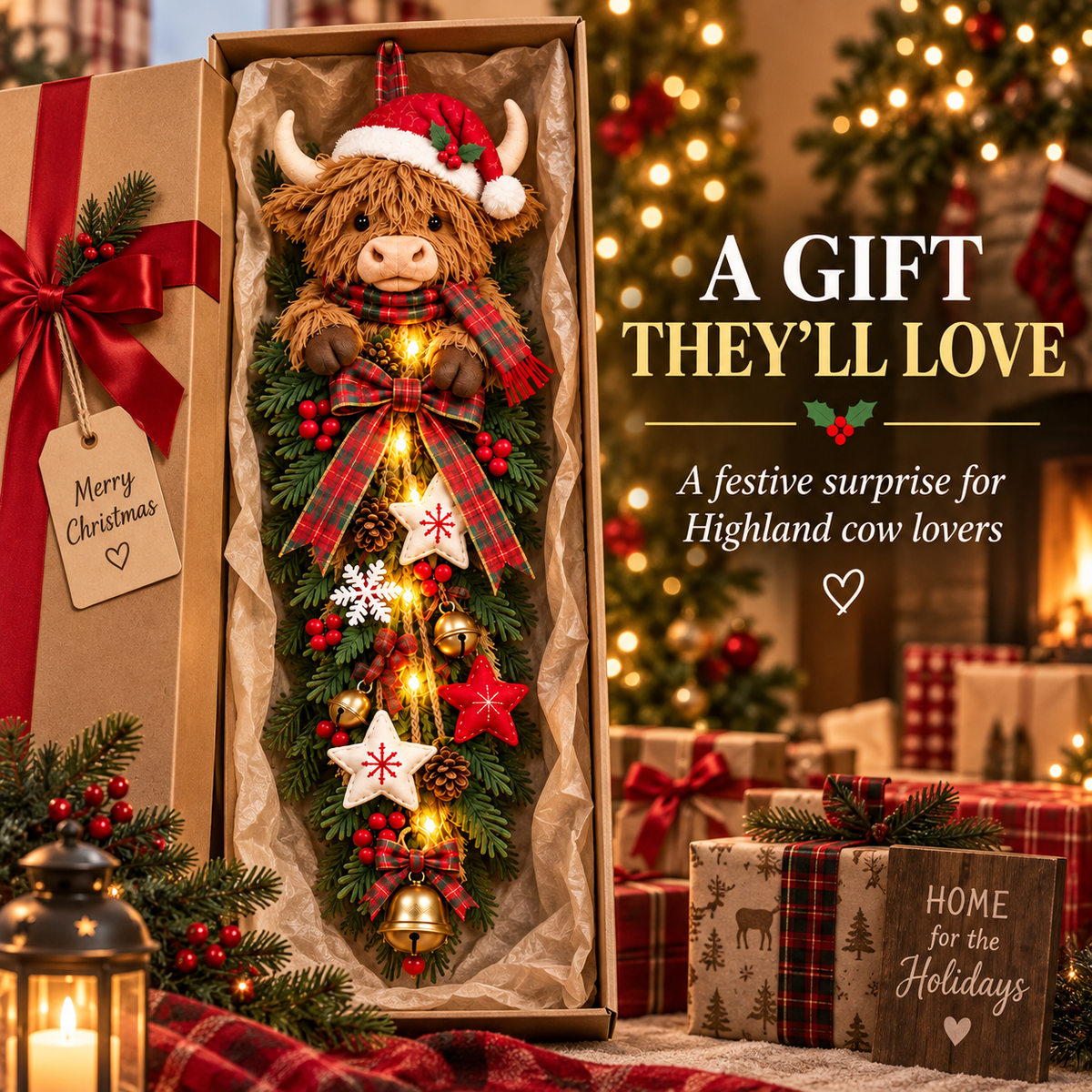 ✨🎄 Lighted Highland Cow Christmas Door Swag – A Cozy Holiday Welcome