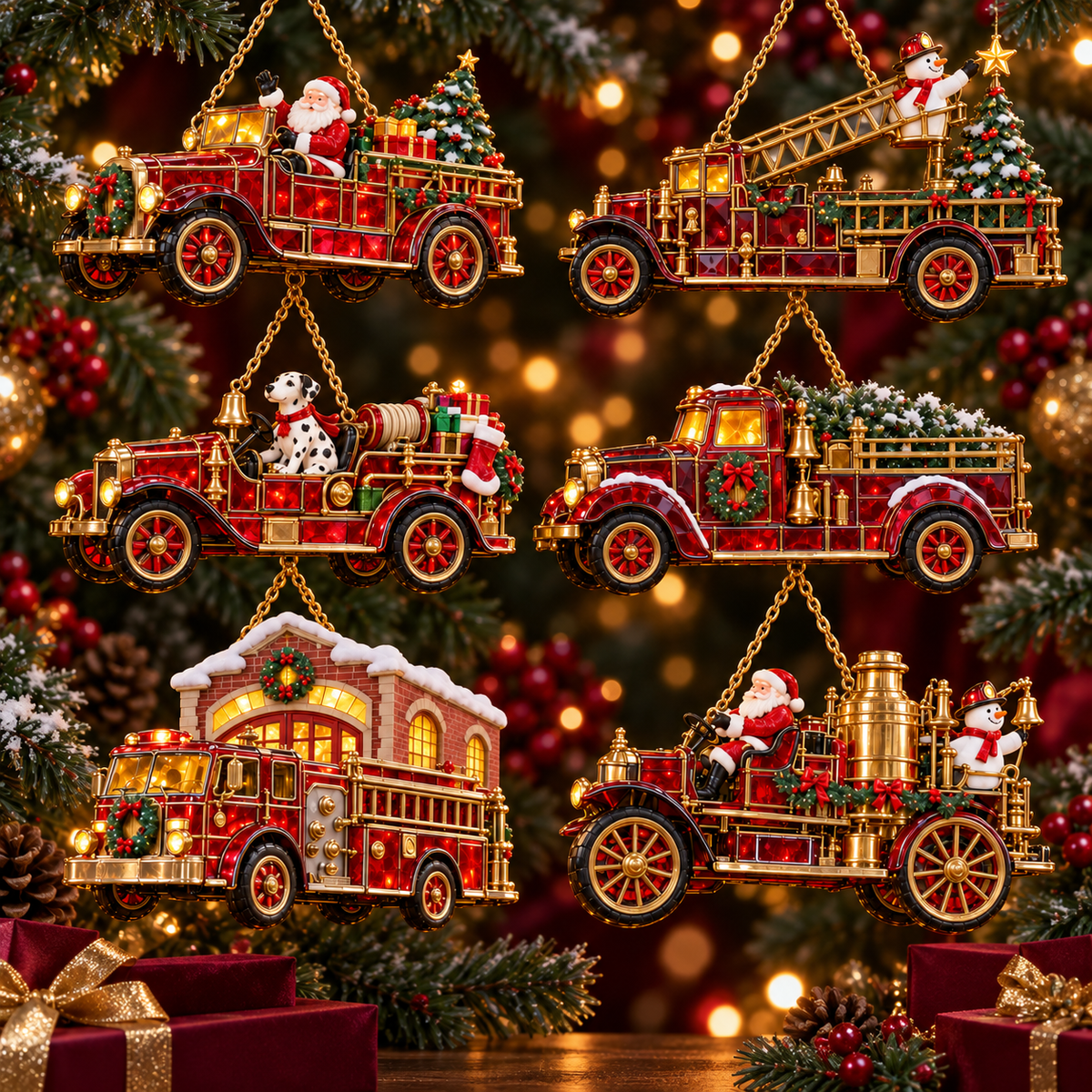 🚒🎄2026 Vintage Fire Truck Christmas Ornaments – Set of 6 | Stained-Glass Style with Festive Holiday Scenes & Golden Accents