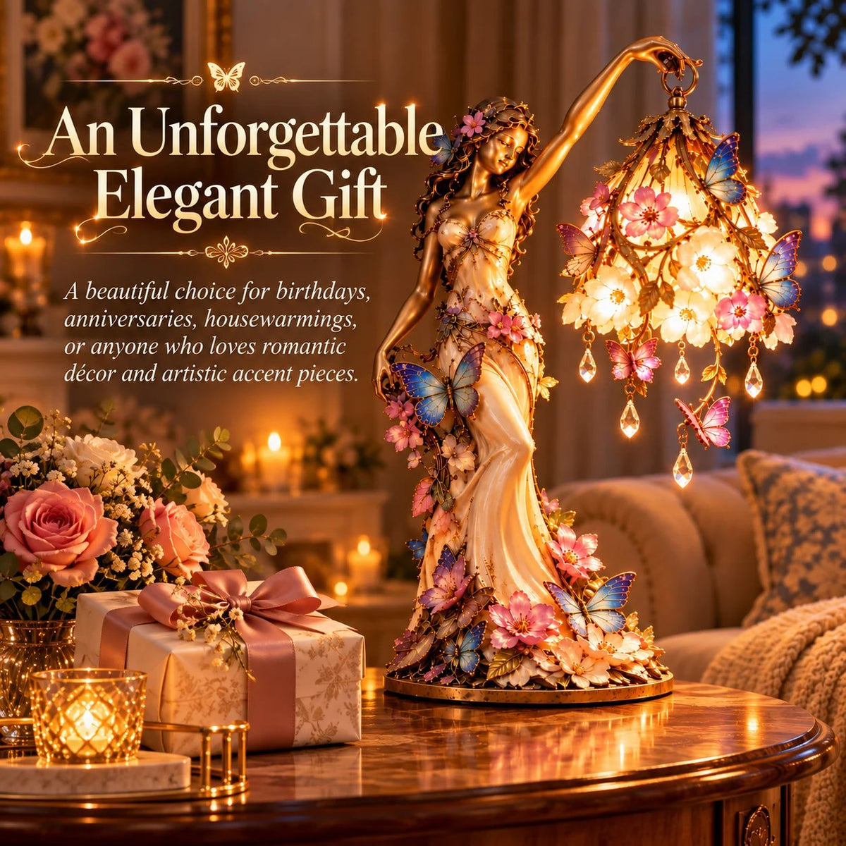 🦋 „Butterfly Lady“-Akzentlampe – Elegante Lampe im Stil einer Blumengöttin mit Kristalltropfen