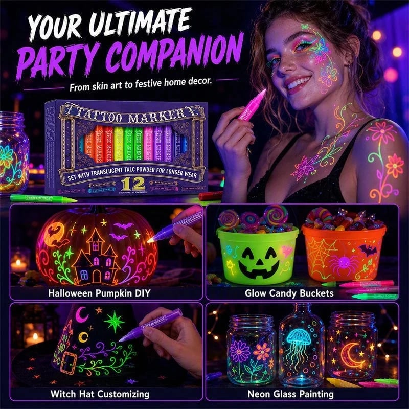 ✨ Glow Party Tattoo Pens – Neon Temporary Tattoo Markers for Parties, Festivals & Night Events 🎨🌈