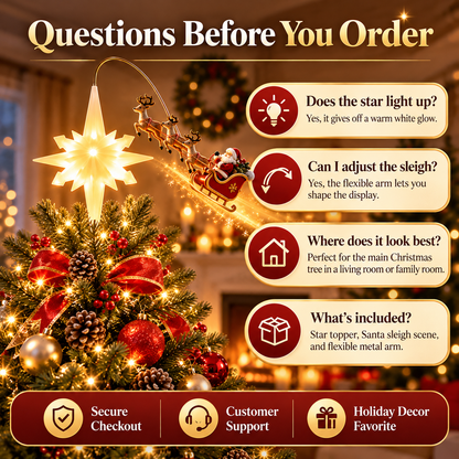 ✨ Flying Santa Lighted Christmas Tree Topper – LED Star with Reindeer Sleigh