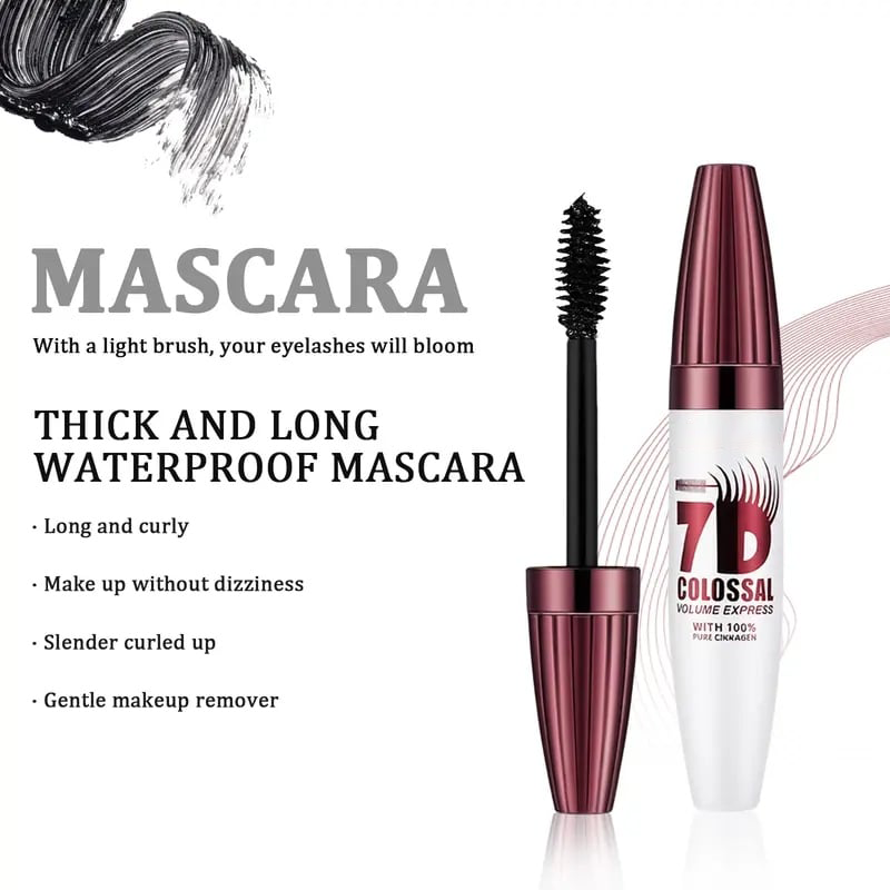 7D Waterproof Mascara - 24H Long Lasting Volume & Curl, Smudge-Proof Lift for Natural False Lash Look