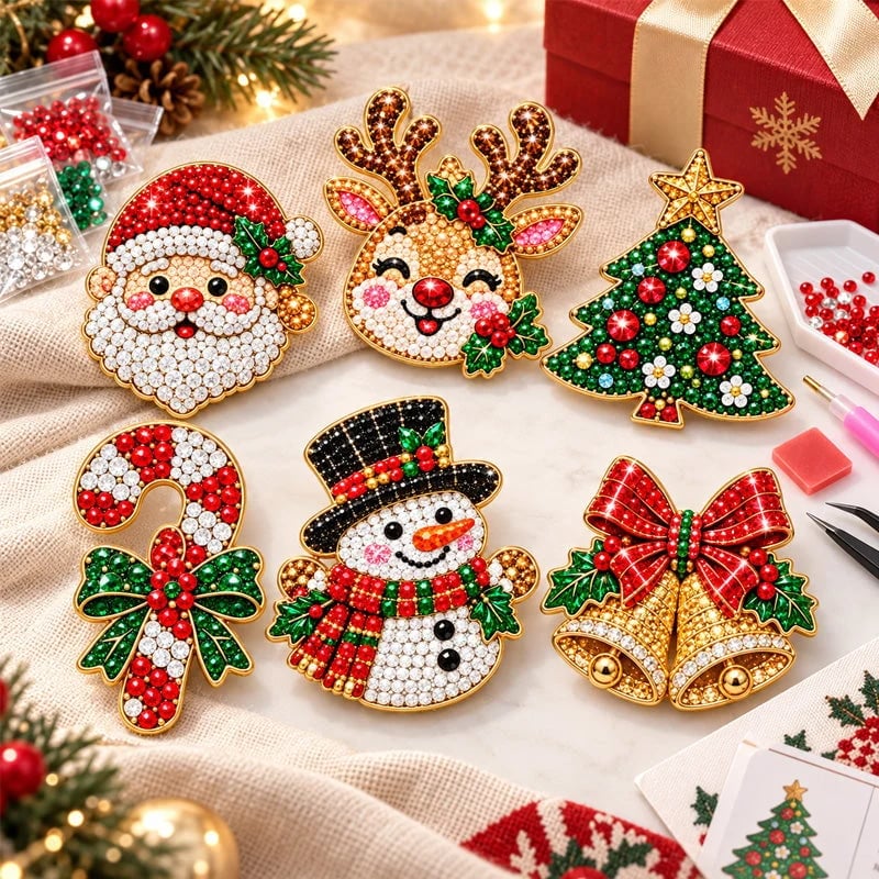 🎄Beginner-Friendly Christmas Diamond Painting Brooch DIY Kit | 6 Festive Designs with Sparkling Gems & Pin Backs 💎