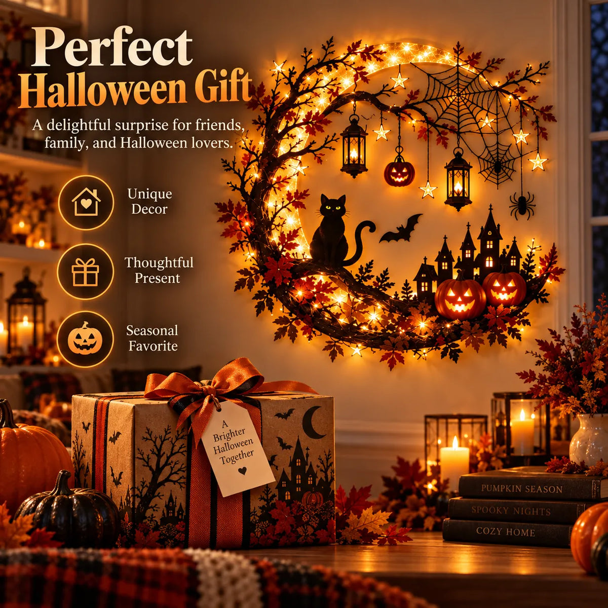 🎃 Enchanting Halloween Crescent Moon Wall Light with Black Cat & LED Lanterns 🐈