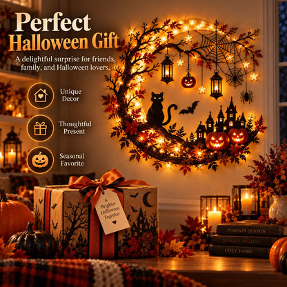 🎃 Enchanting Halloween Crescent Moon Wall Light with Black Cat & LED Lanterns 🐈