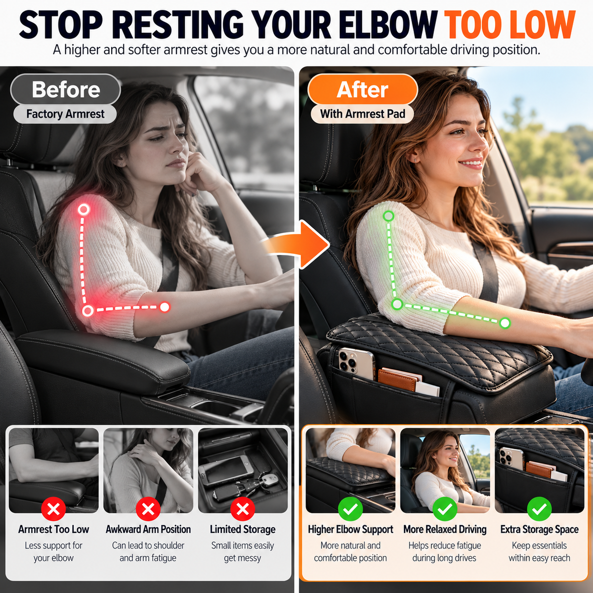 🚘 Car Center Console Armrest Riser – Padded Cushion with Side Storage & Non-Slip Base