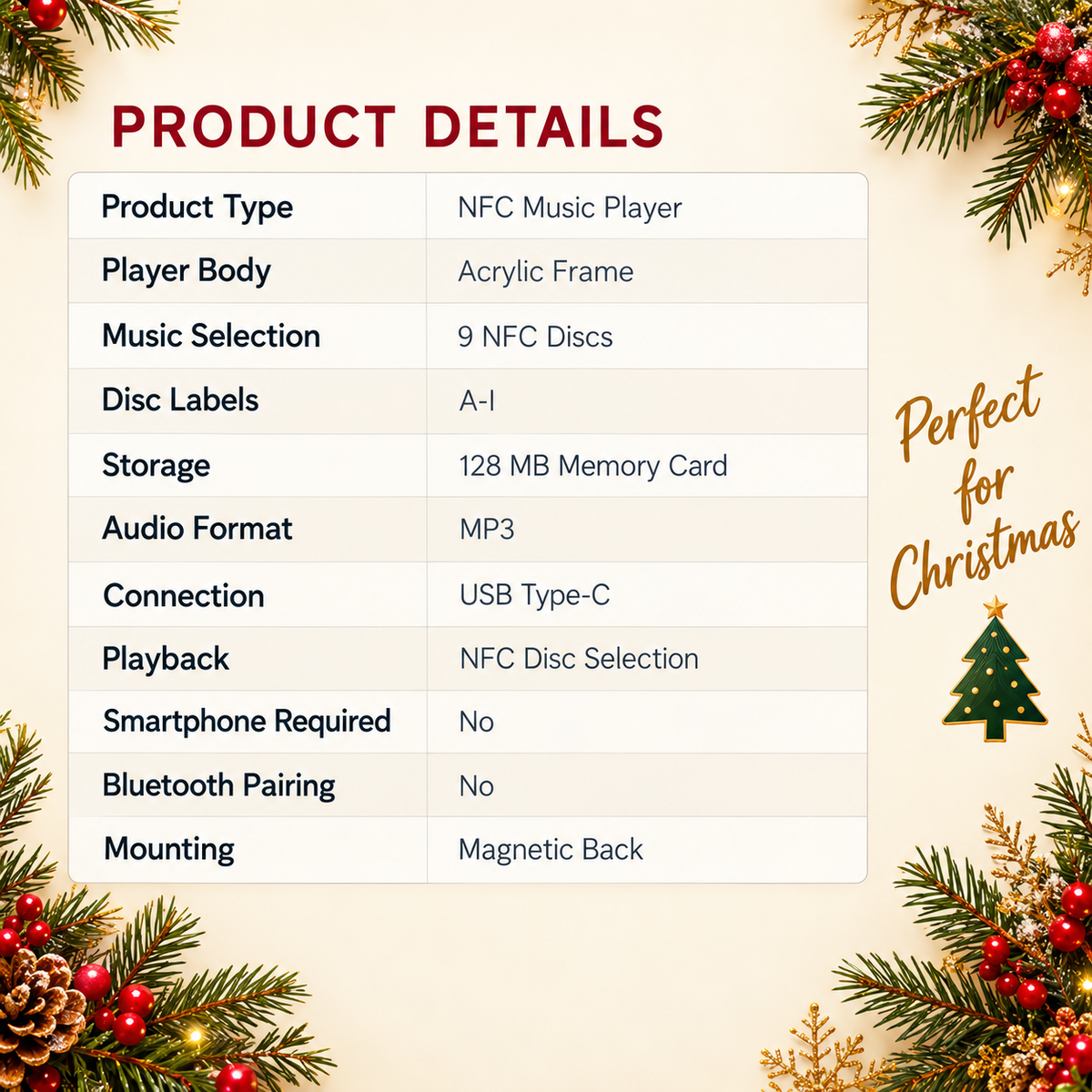 🎵 NFC Vinyl Music Player – Personalized Christmas Song Disc Gift