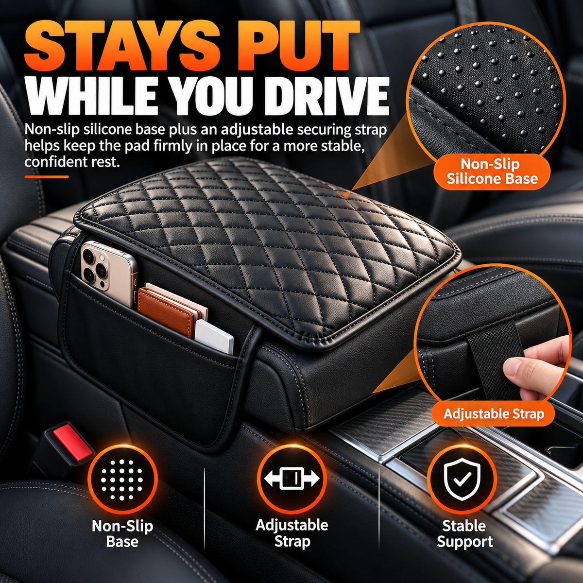 🚘 Car Center Console Armrest Riser – Padded Cushion with Side Storage & Non-Slip Base