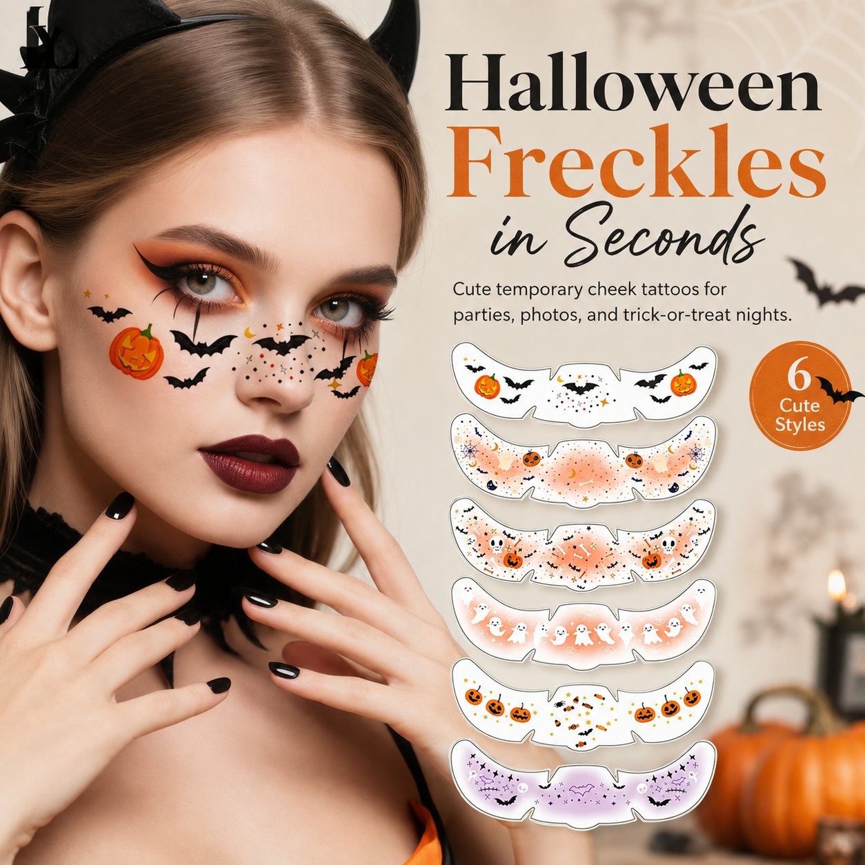 🎃 Halloween Freckle Face Tattoos – 6 Spooky-Cute Designs