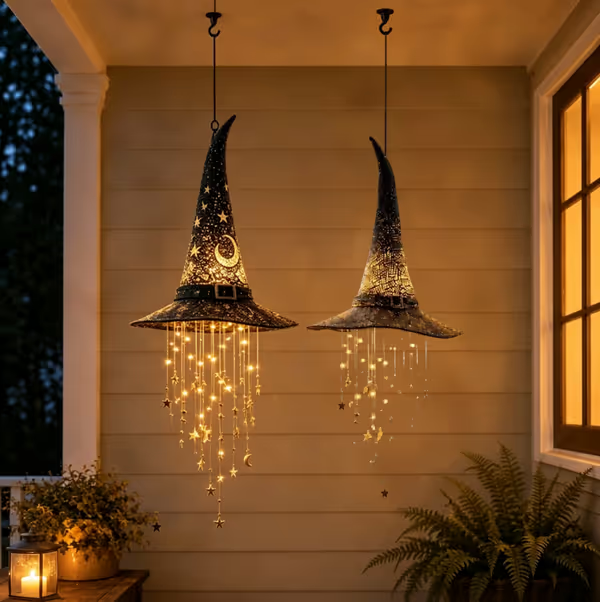 🧙‍♀️ Lighted Witch Hat Hanging Chime ✨ Battery-Powered Halloween Décor