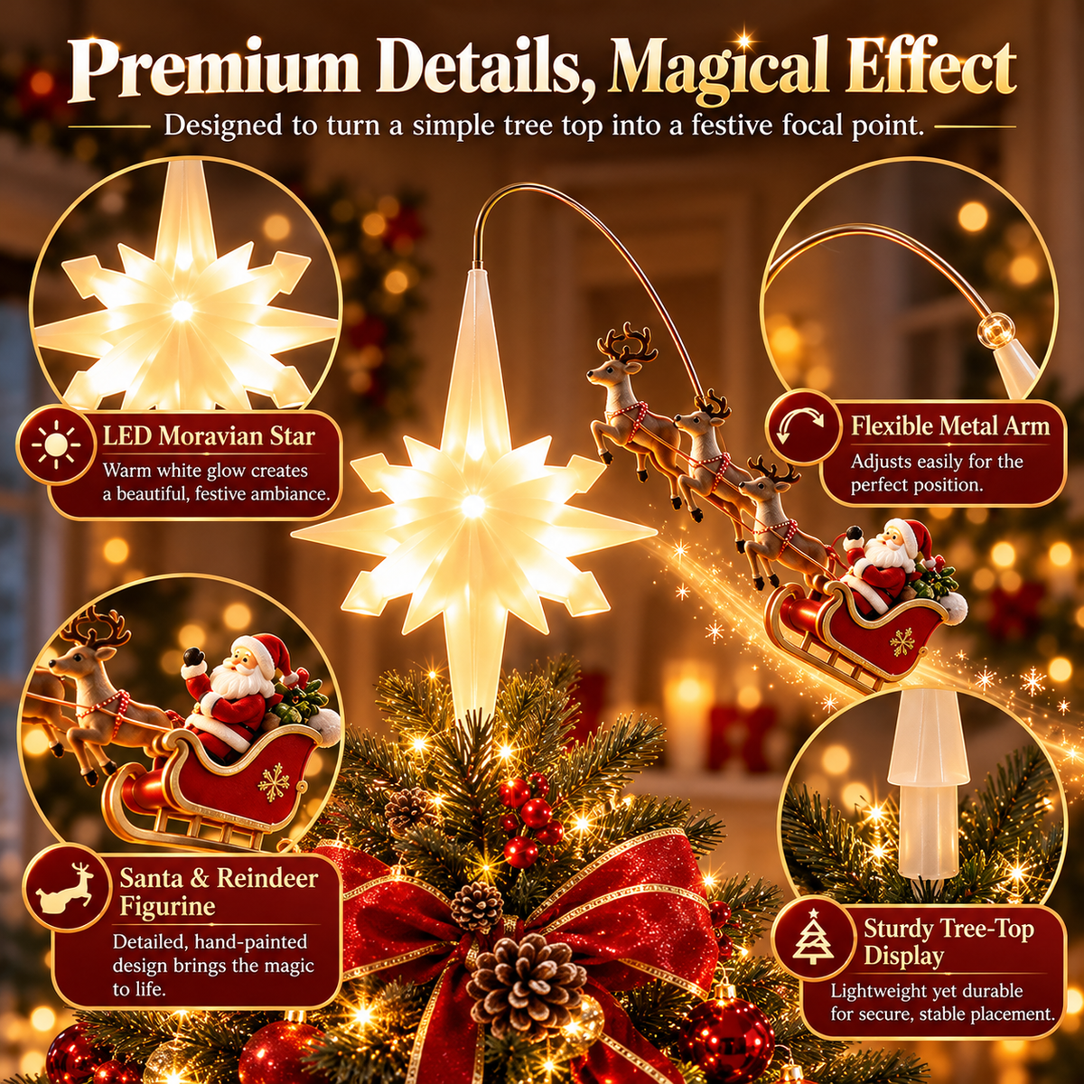 ✨ Flying Santa Lighted Christmas Tree Topper – LED Star with Reindeer Sleigh