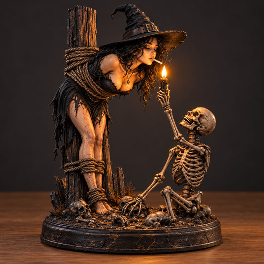 ✨💀Witch & Skeleton Candle Scene Figurine – Dark Gothic Halloween Tabletop Decor