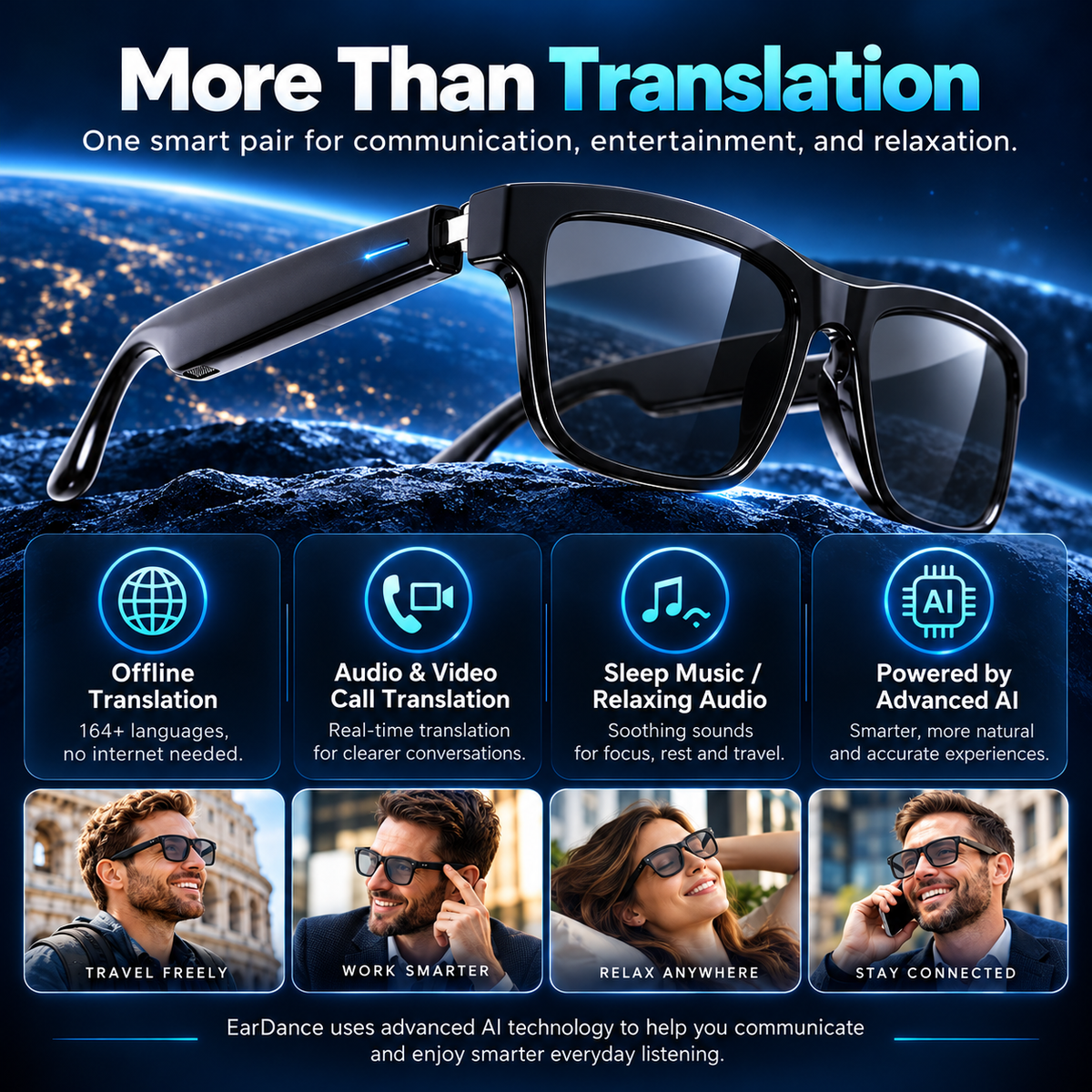 🌍👓 AI Smart Translation Glasses – 164+ Languages, Music, Calls & Everyday Wear