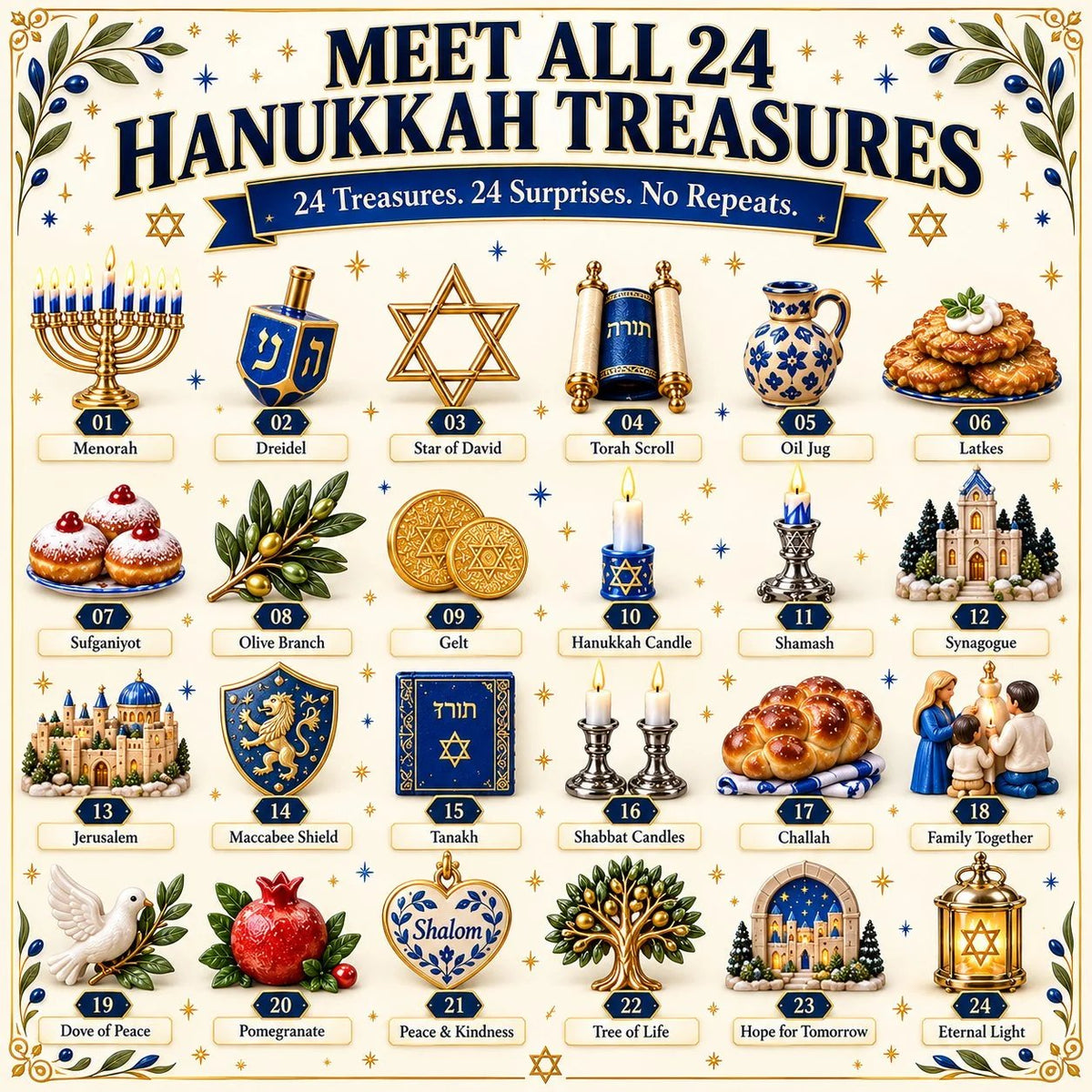 🕎24 Treasures of Hanukkah – Traditions, Symbols & Light Countdown Calendar