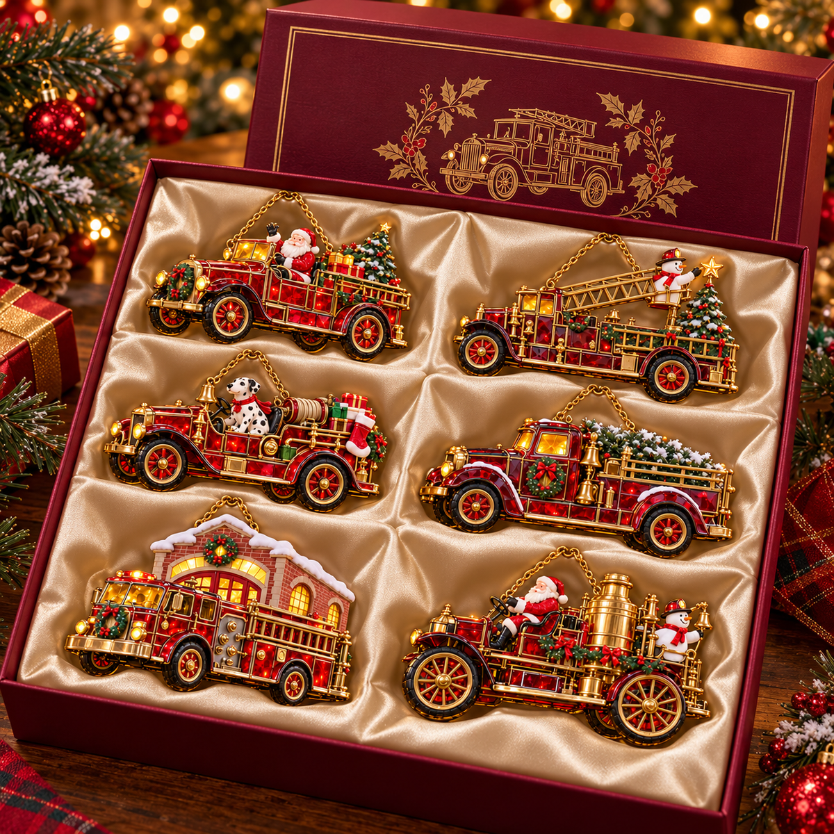 🚒🎄2026 Vintage Fire Truck Christmas Ornaments – Set of 6 | Stained-Glass Style with Festive Holiday Scenes & Golden Accents