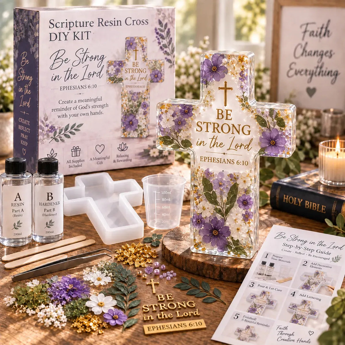 ✝️🌸 Faithful Floral Resin Cross Craft Set – Complete Beginner DIY Keepsake Kit