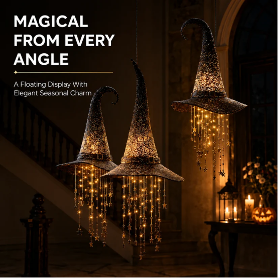 🧙‍♀️ Lighted Witch Hat Hanging Chime ✨ Battery-Powered Halloween Décor