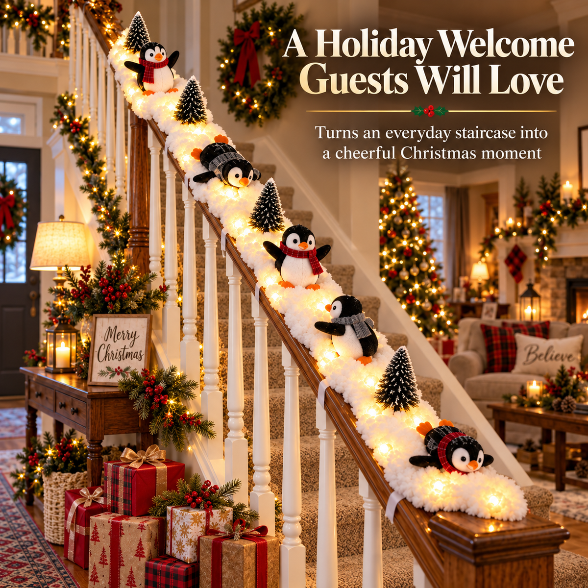 🐧Playful Penguin Snowy Stair Railing Decor
