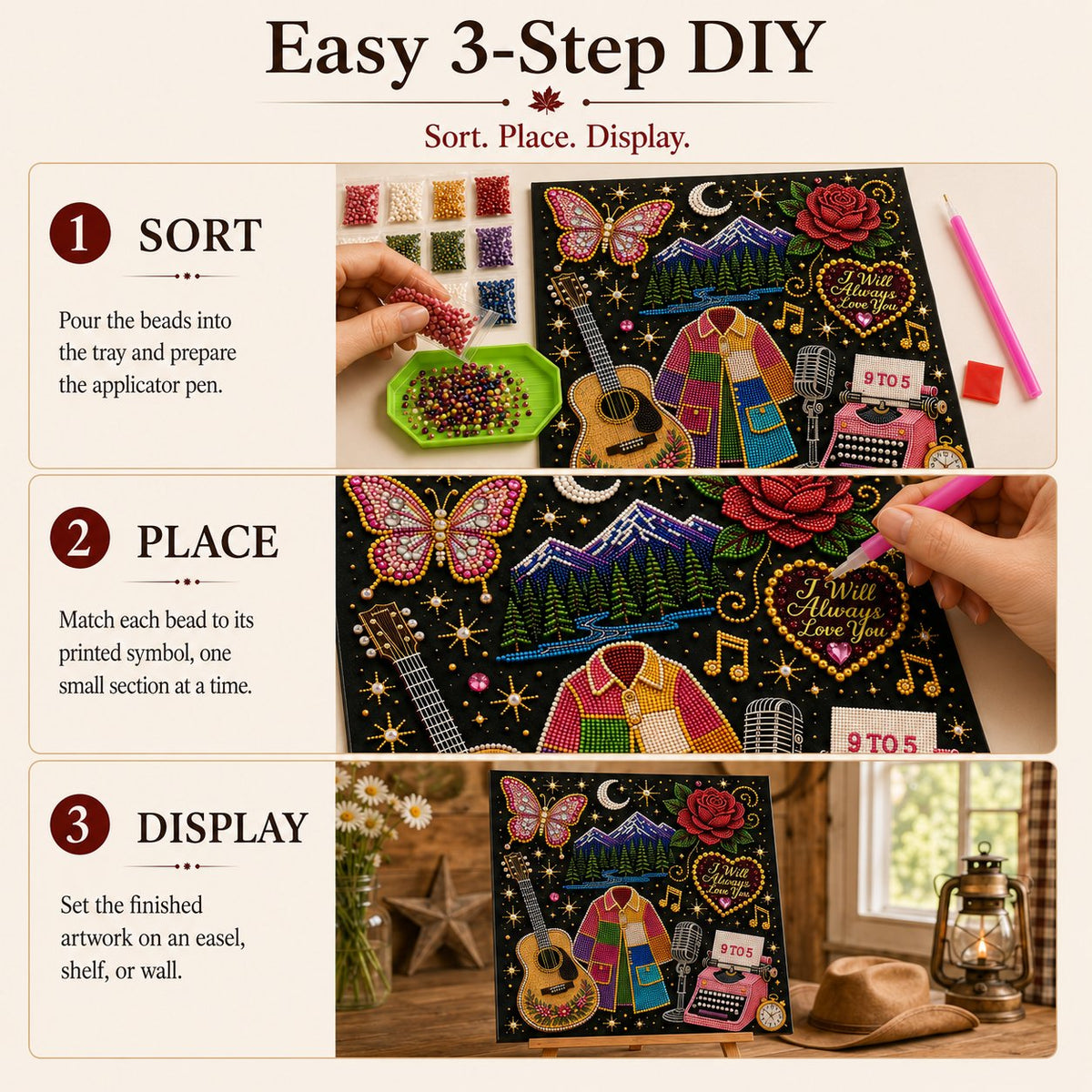 💥 LAST DAY 49% OFF – 🎶 Country Music 3D Pearl Art Kit 💎 – DIY Flocked Canvas Tribute Craft with Resin Pearls