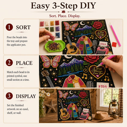 💥 LAST DAY 49% OFF – 🎶 Country Music 3D Pearl Art Kit 💎 – DIY Flocked Canvas Tribute Craft with Resin Pearls