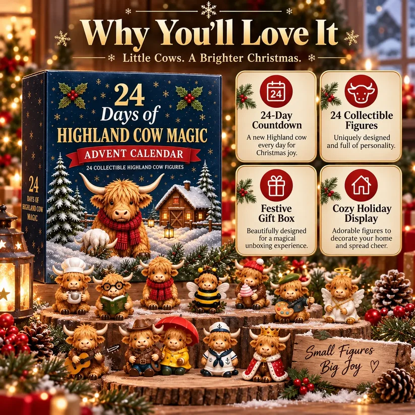 🐮 24-Day Highland Cow Christmas Advent Calendar – Festive Collectibles & Holiday Surprises