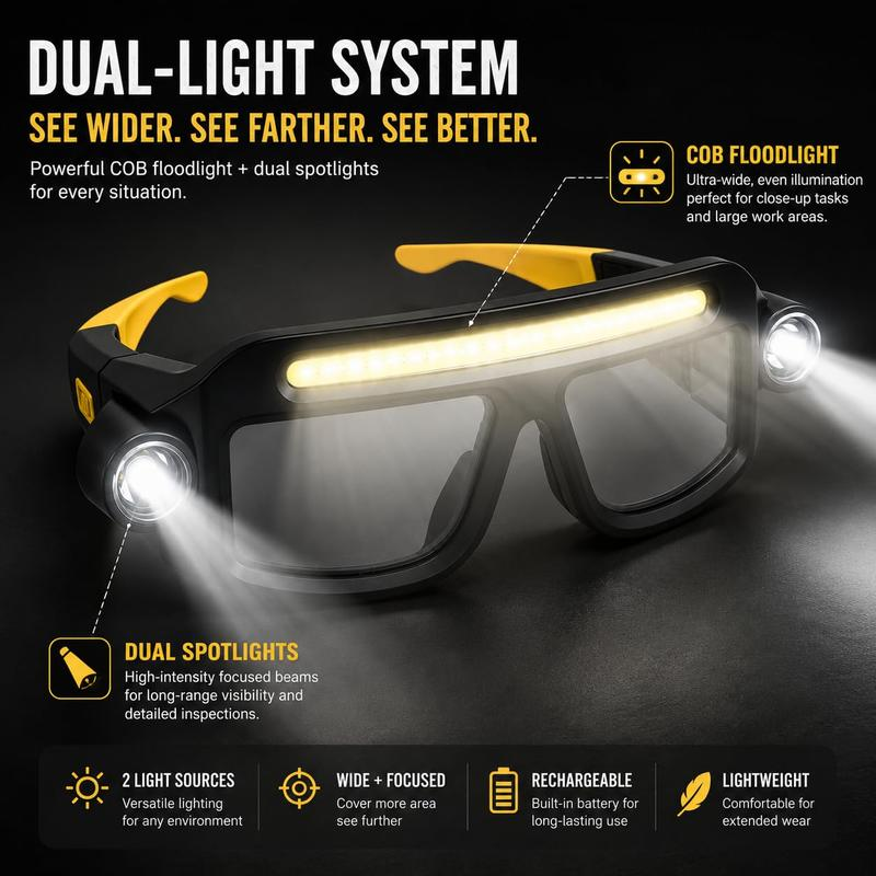 💡 Hands-Free LED Work Glasses – Wide Beam, Side Lights & Over-Glasses Fit