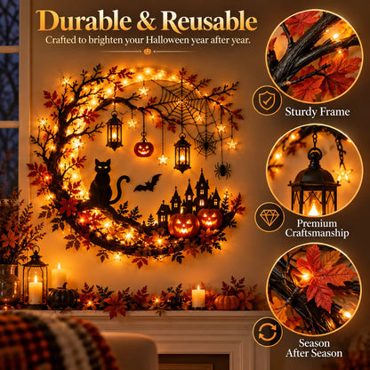 🎃 Enchanting Halloween Crescent Moon Wall Light with Black Cat & LED Lanterns 🐈