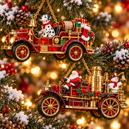 🚒🎄2026 Vintage Fire Truck Christmas Ornaments – Set of 6 | Stained-Glass Style with Festive Holiday Scenes & Golden Accents