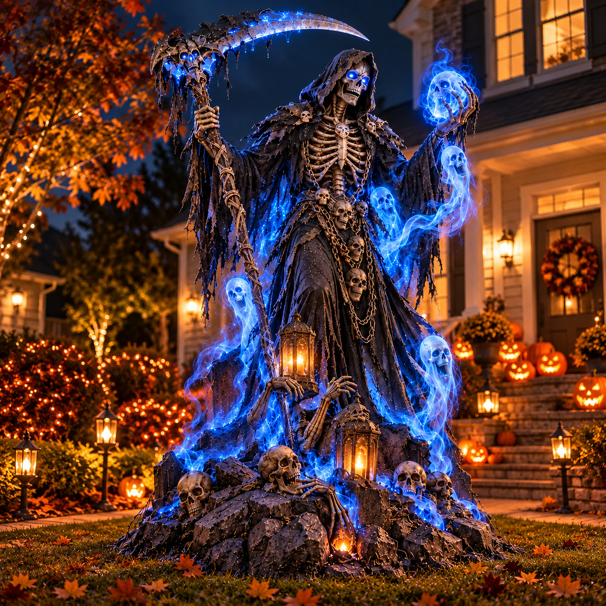 Giant Haunted Soul Reaper Lighted Halloween Yard Decoration – Glowing Grim Reaper with Ghostly Blue Spirits