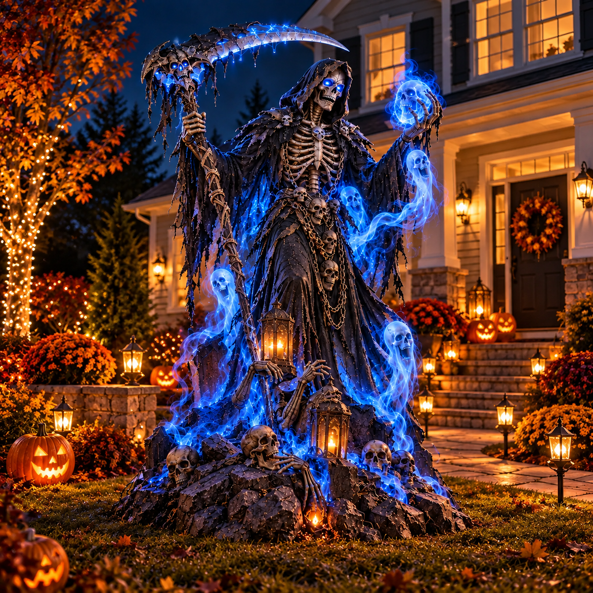 Giant Haunted Soul Reaper Lighted Halloween Yard Decoration – Glowing Grim Reaper with Ghostly Blue Spirits