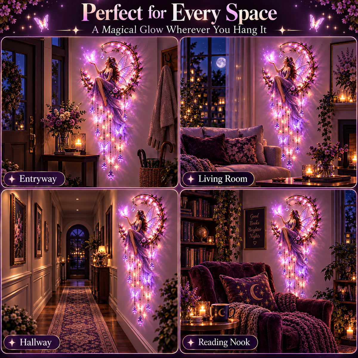 🦋 Enchanted Butterfly Moon™🌙 – Magical Fairy Starfall Wall Light with Cascading Crystal Glow