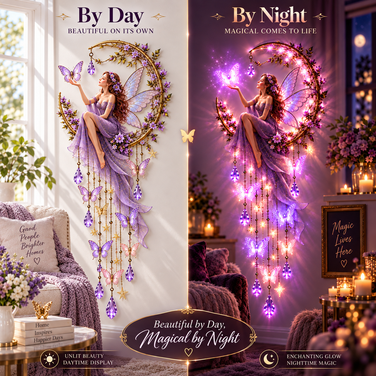 🦋 Enchanted Butterfly Moon™🌙 – Magical Fairy Starfall Wall Light with Cascading Crystal Glow