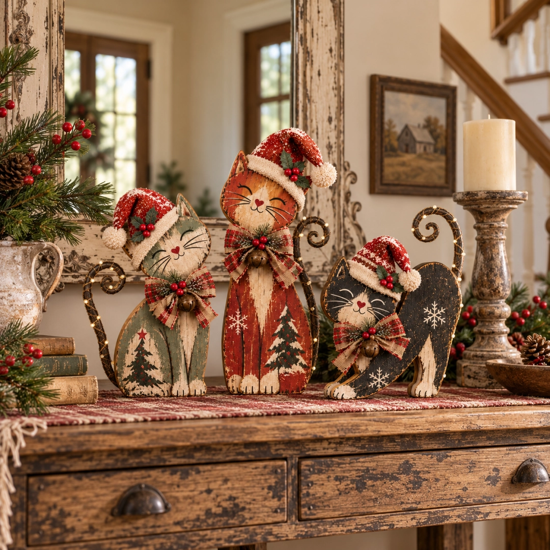 🎄🐱Vintage Lighted Christmas Cat Trio