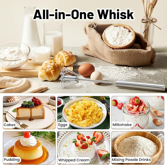 🥣Stainless Steel Hand-Push Rotary Whisk Food-Grade Rust-Resistant Kitchen Utensil