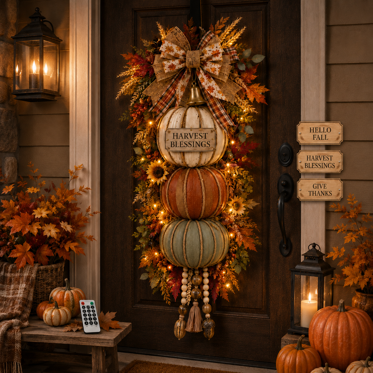 🍂🏡🎃Lighted Stacked Pumpkin Fall Door Decor with 3 Seasonal Plaques