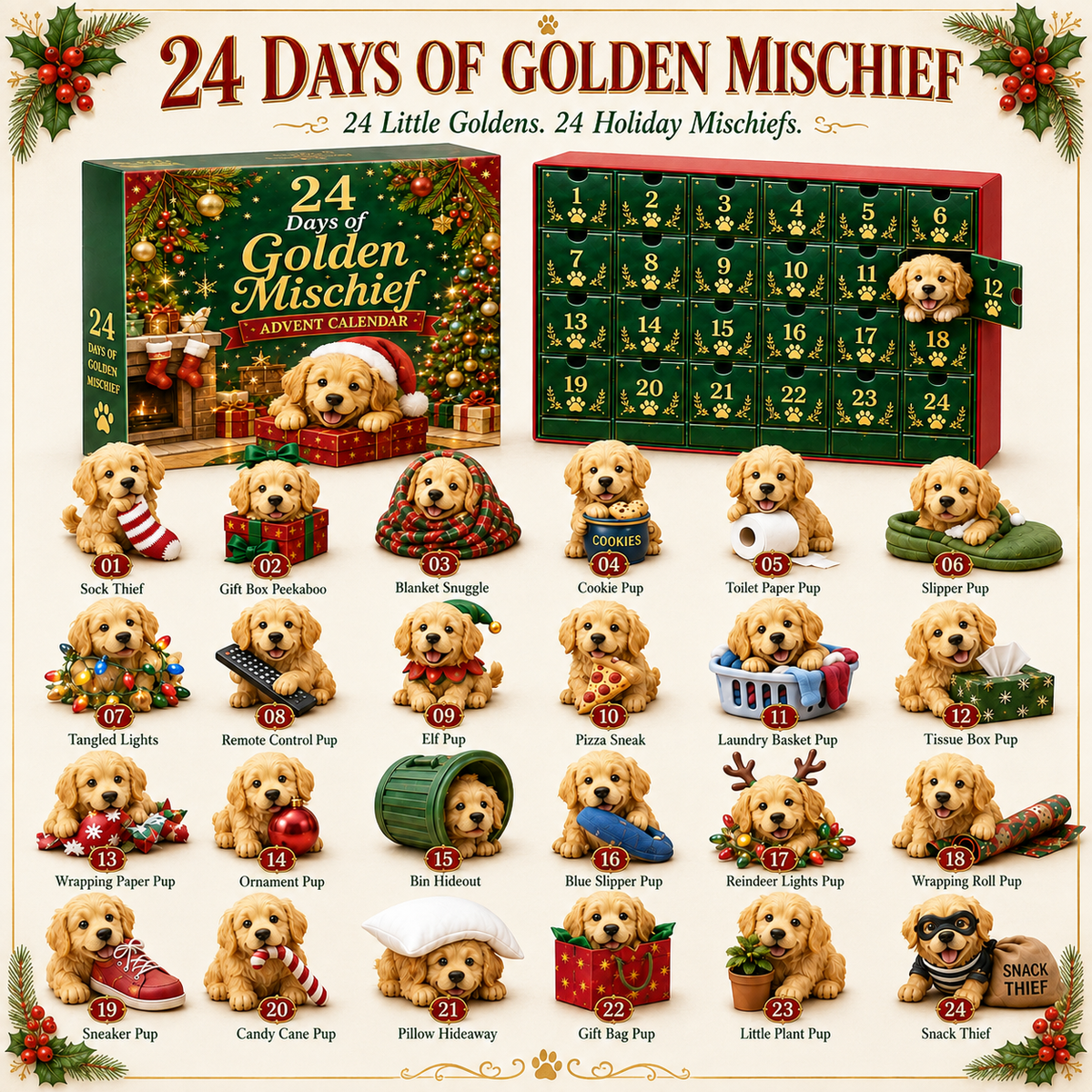 ⏰ 50% Off Sale 🎄 24 Days of Golden Mischief Advent Calendar – 24 Unique Golden Retriever Collectibles