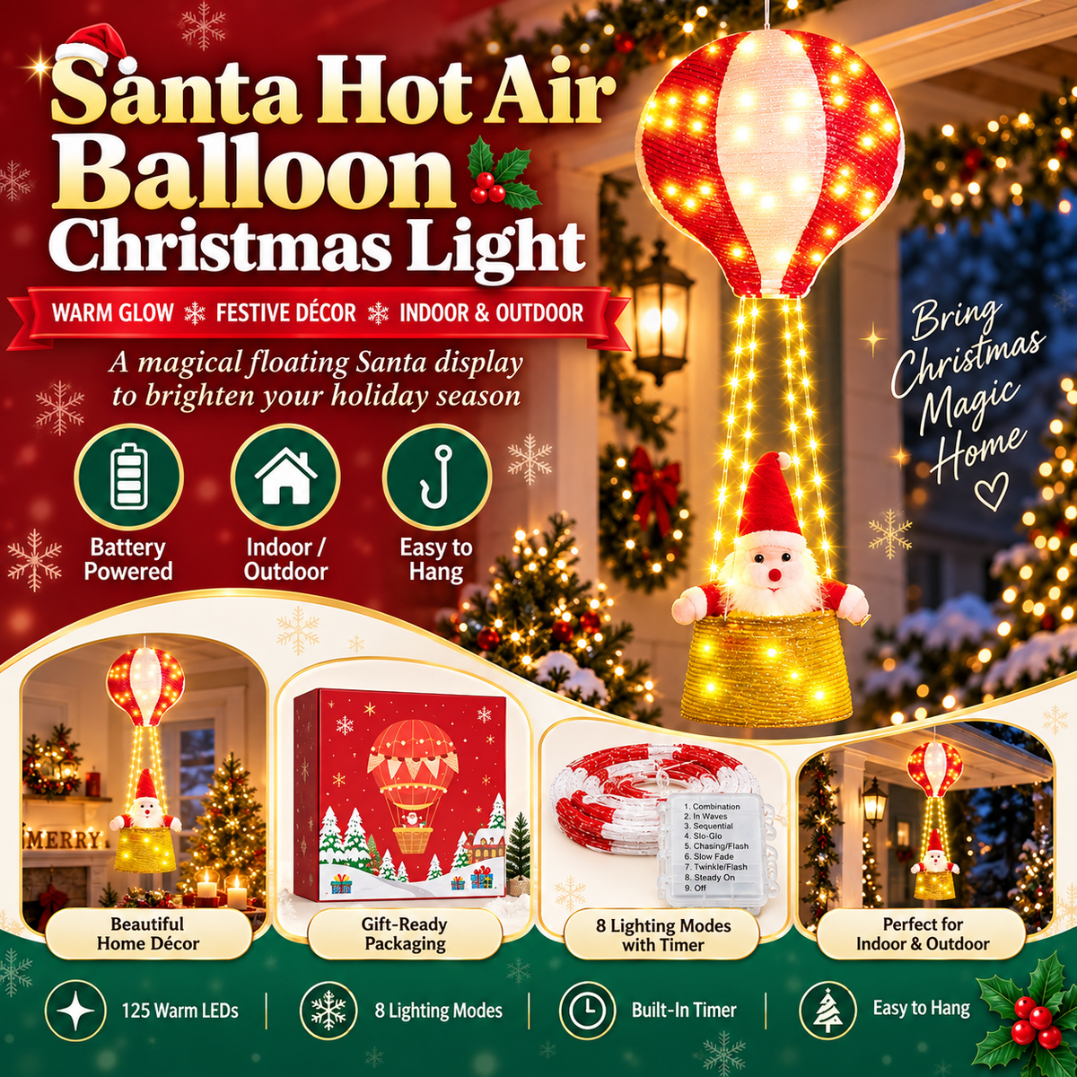 🎅  Santa Hot Air Balloon Christmas Lights – 125 LED Hanging Holiday Decoration ✨