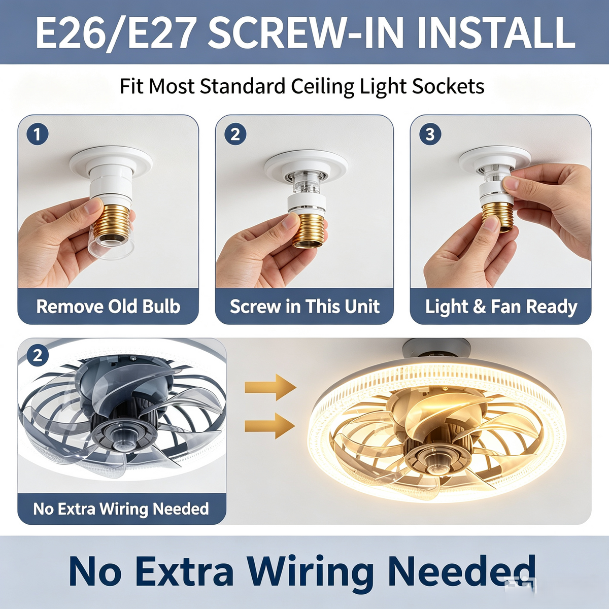E27 Screw In Fan Light, 2 in 1 LED Ceiling Fan with Dimmable 3 Color Light, Quiet Remote Control Ventilation Fan Lamp