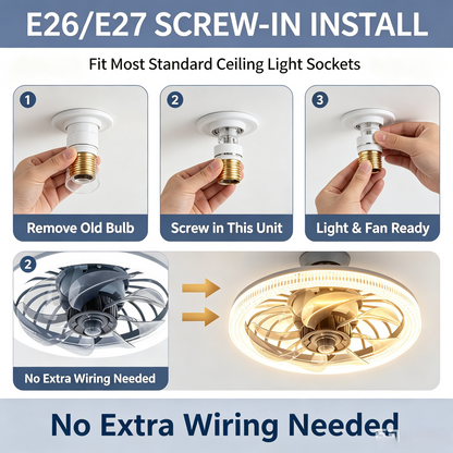E27 Screw In Fan Light, 2 in 1 LED Ceiling Fan with Dimmable 3 Color Light, Quiet Remote Control Ventilation Fan Lamp