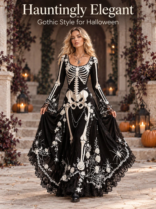 👗Gothic Skeleton Maxi Dress for Halloween | Bell Sleeve 🕸️