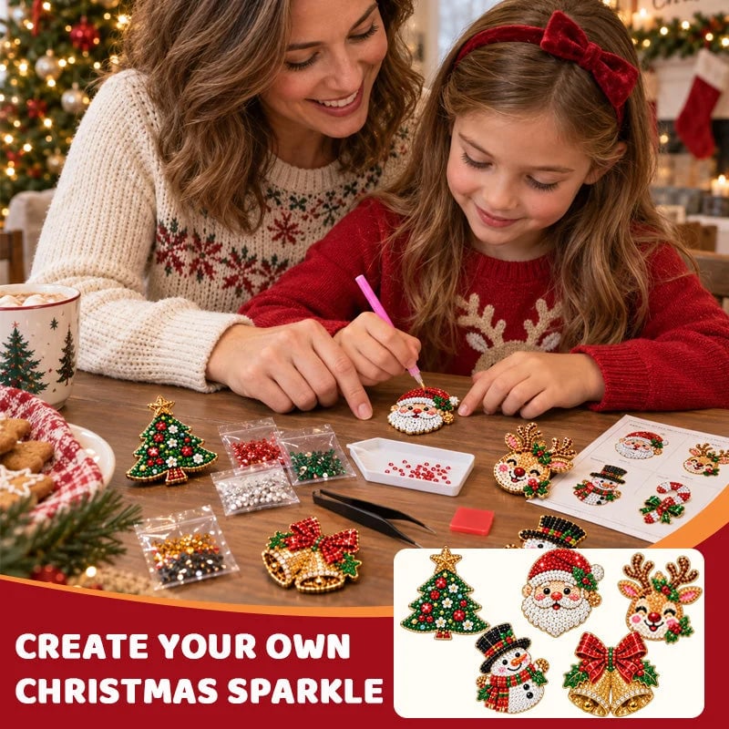 🎄Beginner-Friendly Christmas Diamond Painting Brooch DIY Kit | 6 Festive Designs with Sparkling Gems & Pin Backs 💎