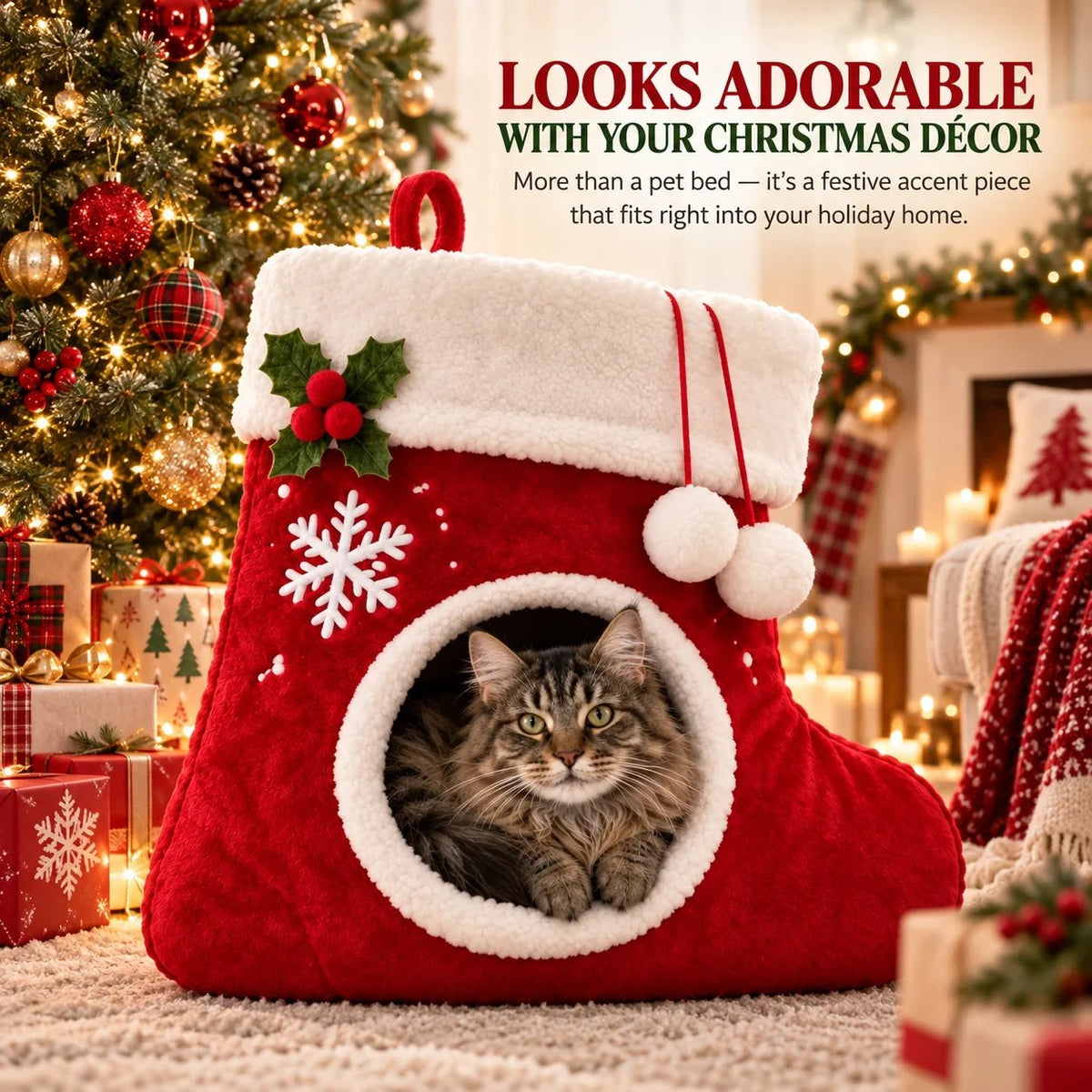 💯🎄 Christmas Stocking Cat Bed – Ultra-Soft Sherpa Cozy Hideaway for Cats 🐱