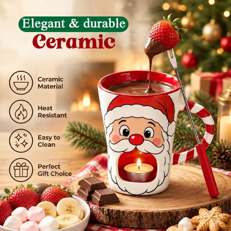 🎅Christmas Chocolate Fondue Mug – Ceramic Candle Warmer Cup with Dipping Fork