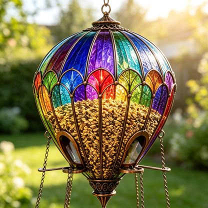 🌈 Stained Glass Hot Air Balloon Bird Feeder & Bird Bath Fountain 🐦