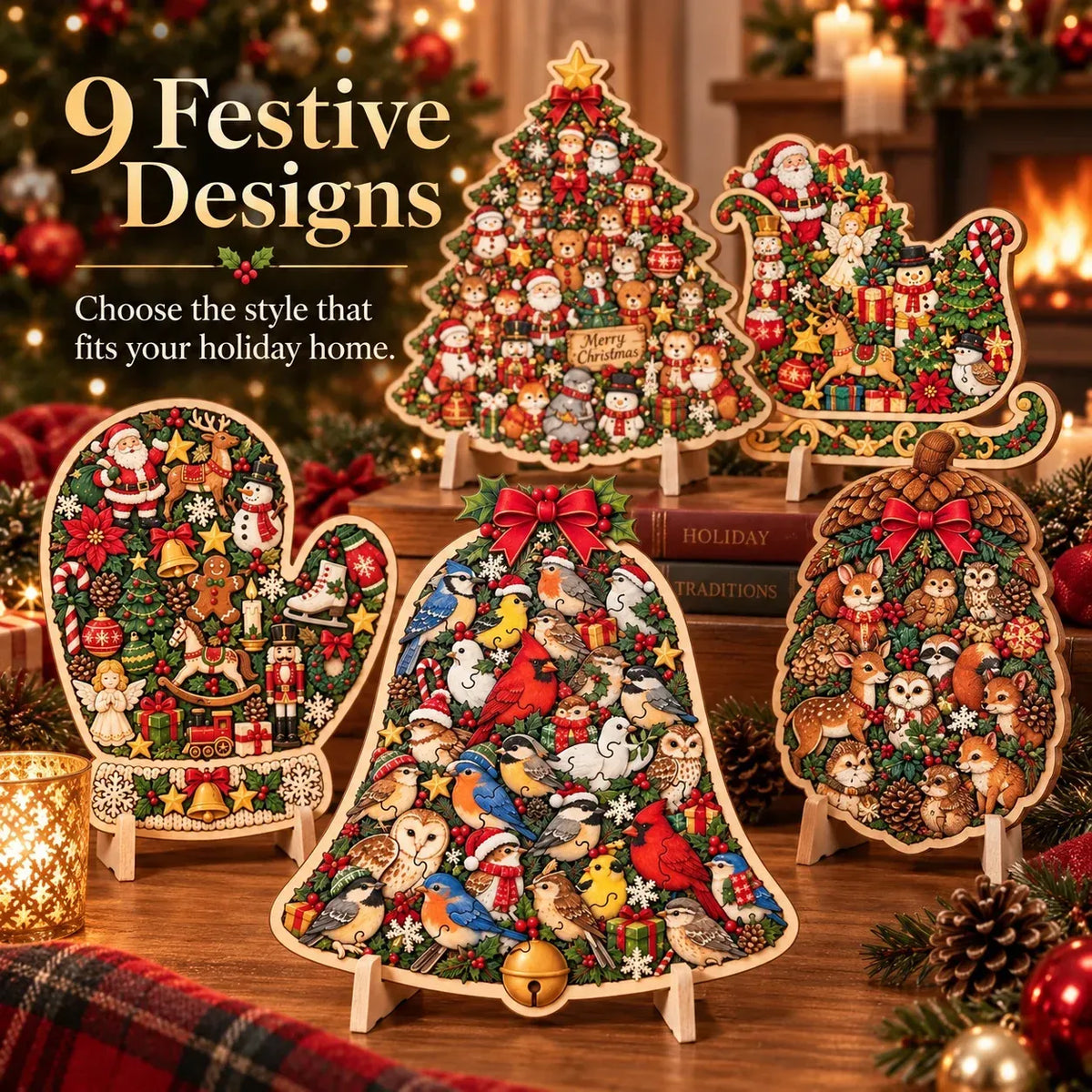 🎄🧩 Wooden Christmas Puzzle Set with Stand – 9 Festive Designs to Build & Display